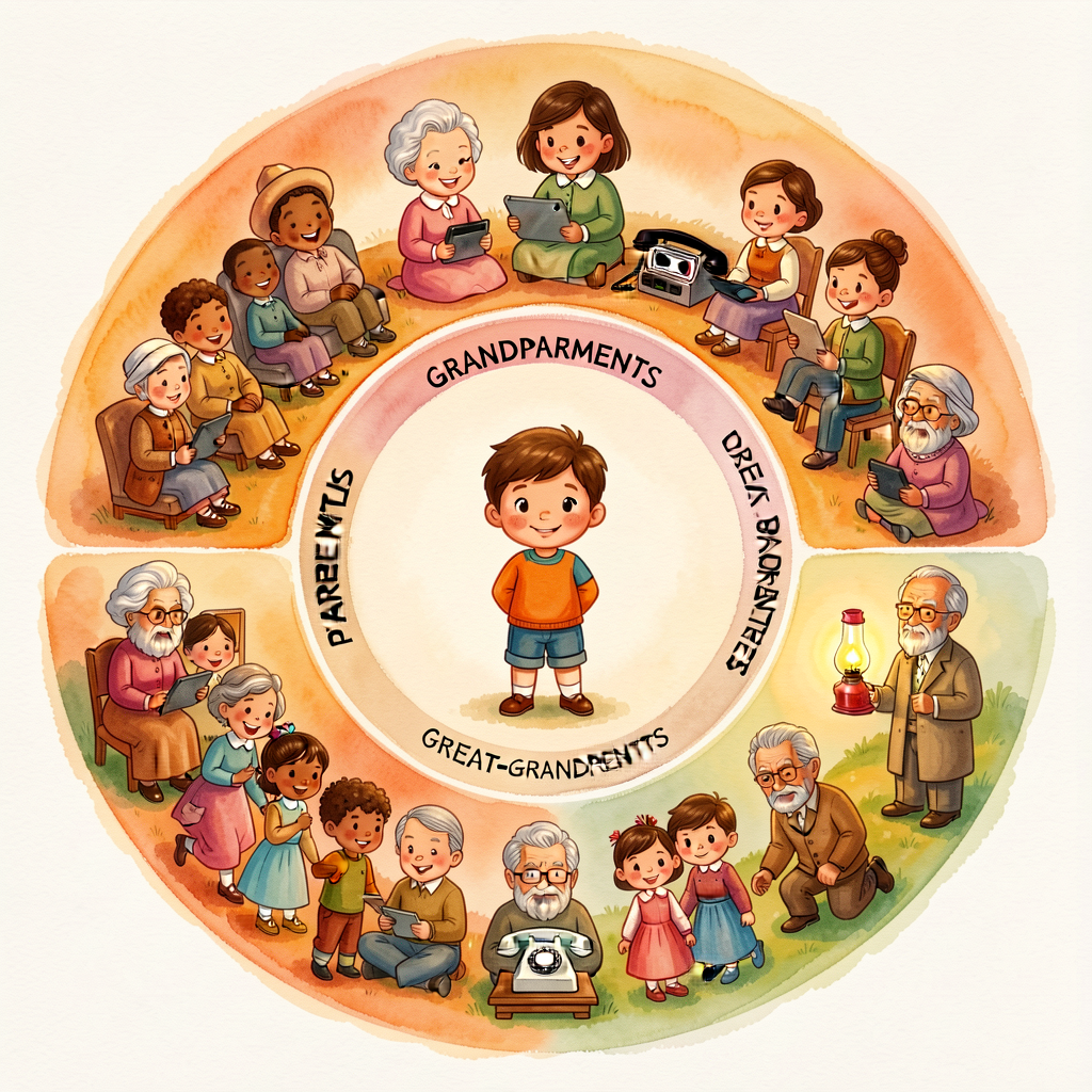 MG-1 enlarged to 24x36 for circle-time display. Four concentric bands: CHILD center / PARENTS / GRANDPARENTS / GREAT-GRA