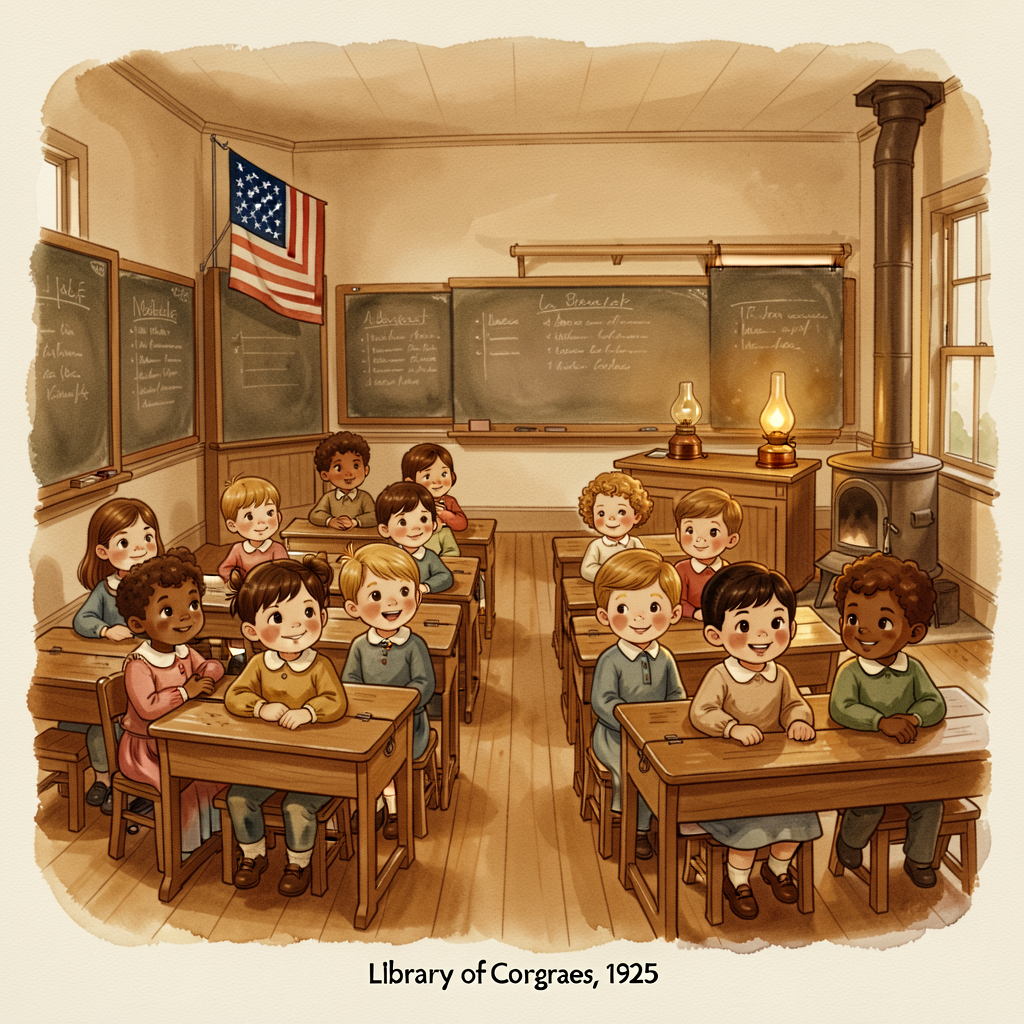 5x7 sepia-tone print of a 1925 one-room schoolhouse interior (public-domain Library of Congress image #LC-USF34-008100-D