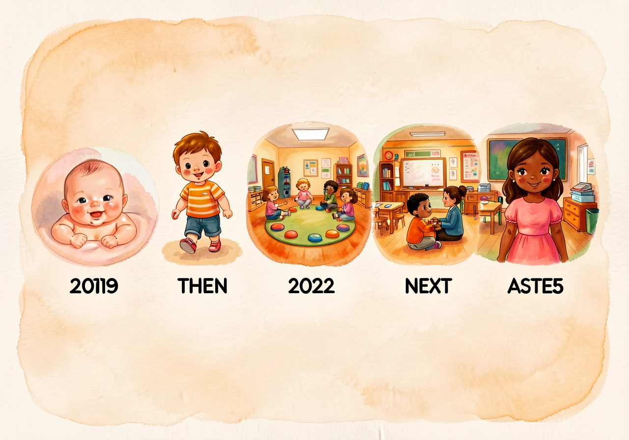 Teacher-made sample personal timeline (36 inches, A3 paper) with 5 events: baby photo, walking toddler photo, preschool 