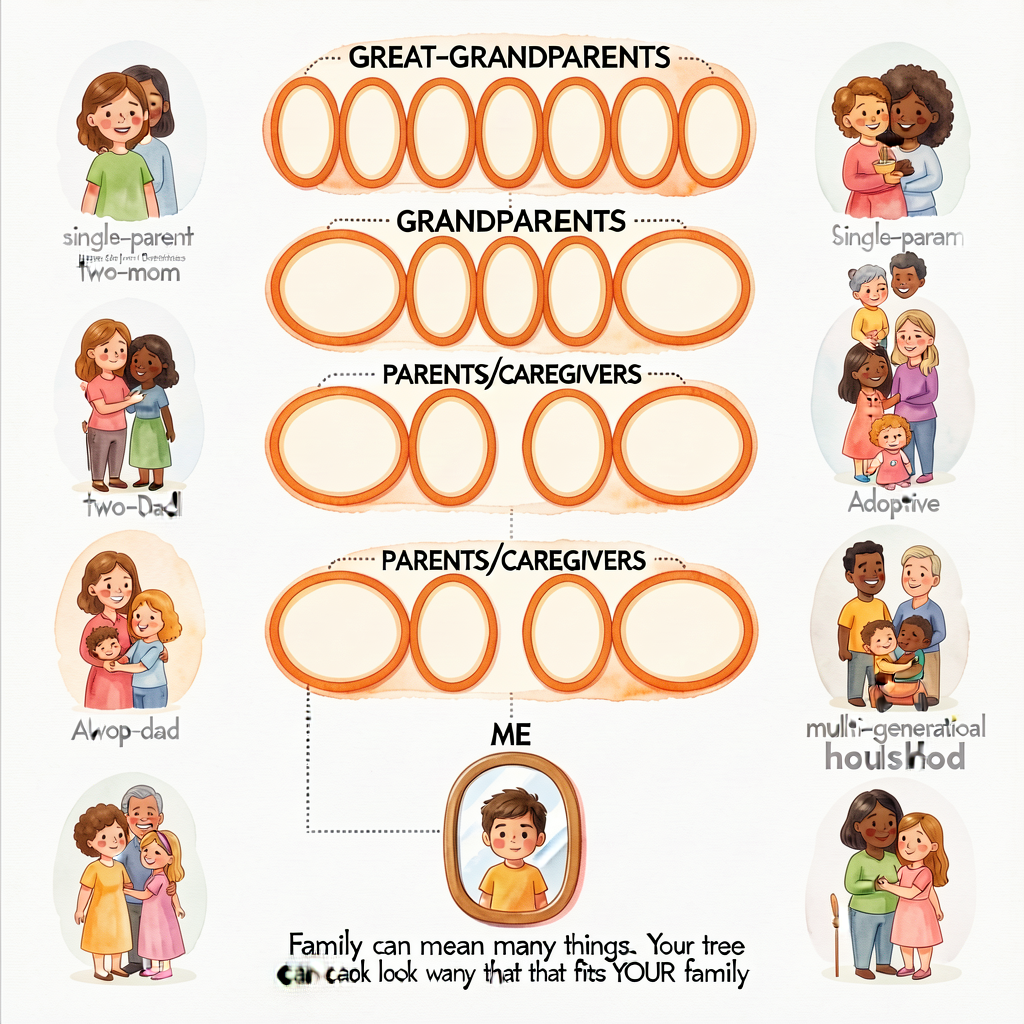 24x36-inch laminated template with 4 horizontal tiers labeled GREAT-GRANDPARENTS (top, 8 oval slots), GRANDPARENTS (4 ov