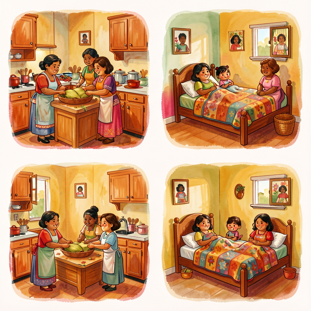 3 reproductions of Carmen Lomas Garza's Cuadros de Familia spreads: 'Making Tamales' (1950s family kitchen), 'Bed for Dr