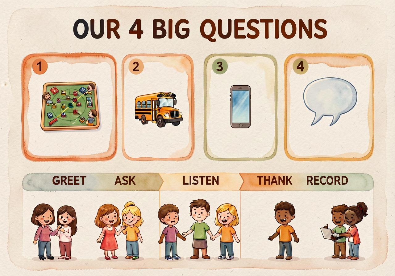 24x36-inch laminated chart titled 'OUR 4 BIG QUESTIONS' with 4 numbered question boxes each with picture icon (game-boar