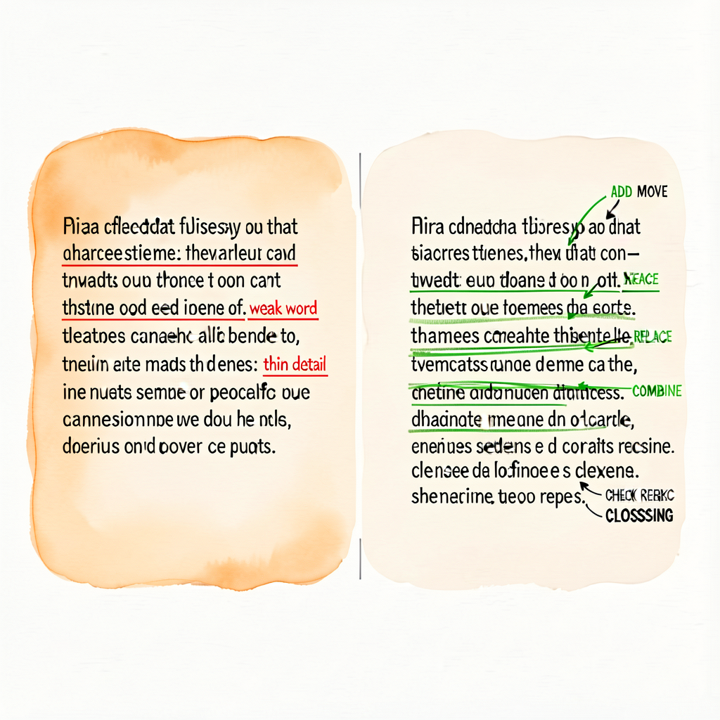 Two-panel diagram. LEFT: paragraph in original draft (typed) with thin spots underlined and small margin annotations in 