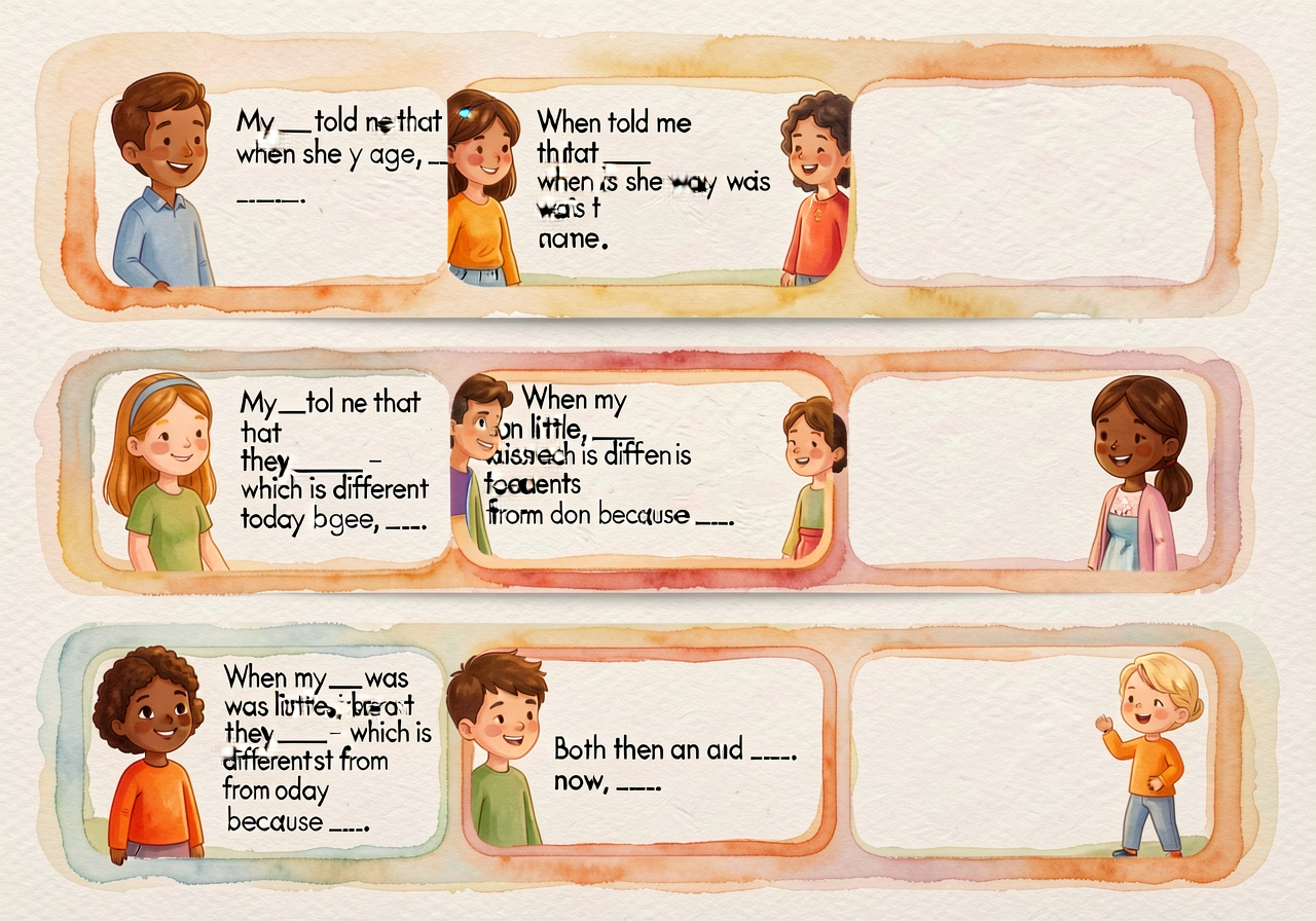 6-inch laminated strip cards distributed one per pair. Each strip has 3 sentence frames: 'My ___ told me that when she w
