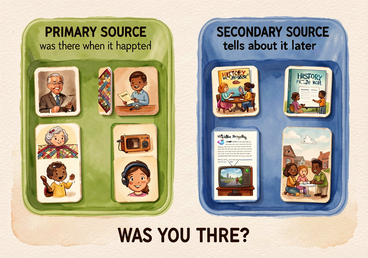 24x36-inch laminated chart with two large bins. LEFT bin (green): 'PRIMARY SOURCE - was there when it happened' with 5 i