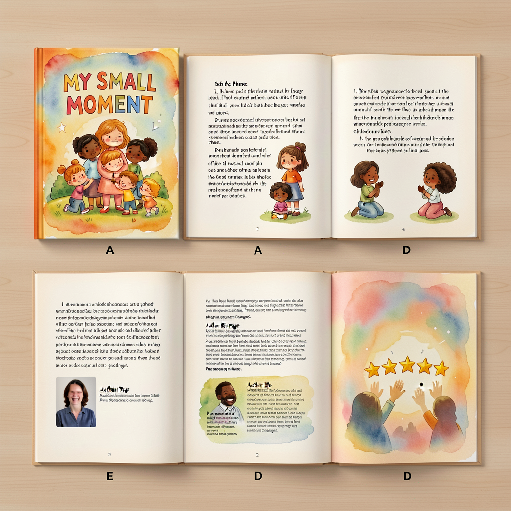 Flat-lay illustration of an opened publication booklet with all 5 sections visible: cover (with title placeholder 'MY SM