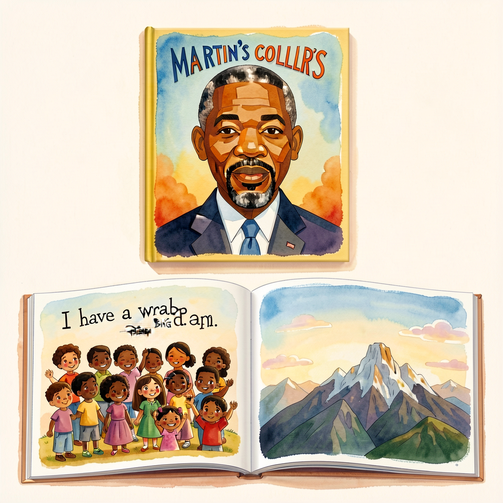 Reproduction of Bryan Collier's Caldecott Honor cover for Martin's Big Words (Disney-Hyperion 2001) - MLK's portrait in 
