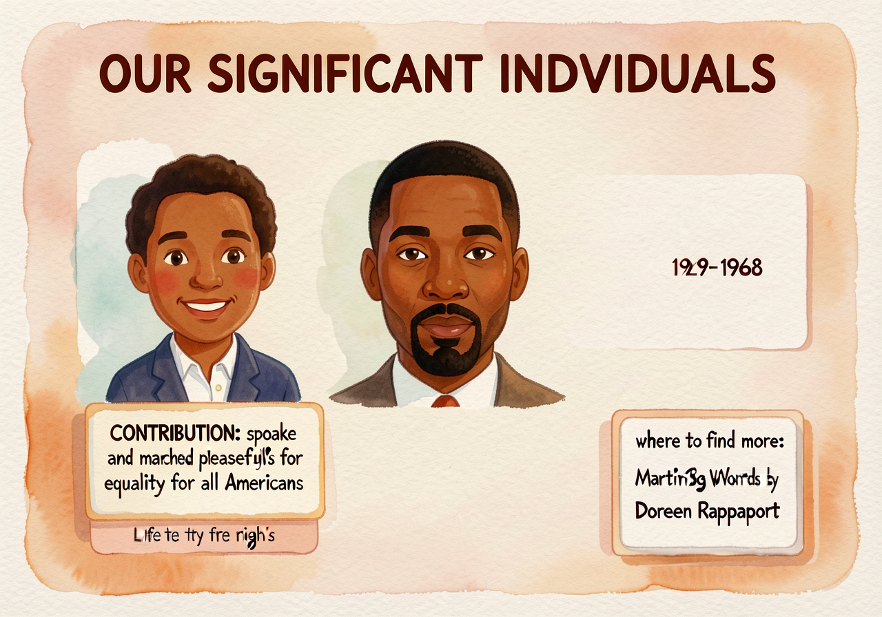 36x60-inch wall display titled 'OUR SIGNIFICANT INDIVIDUALS.' First slot filled this lesson: MLK portrait + 'CONTRIBUTIO