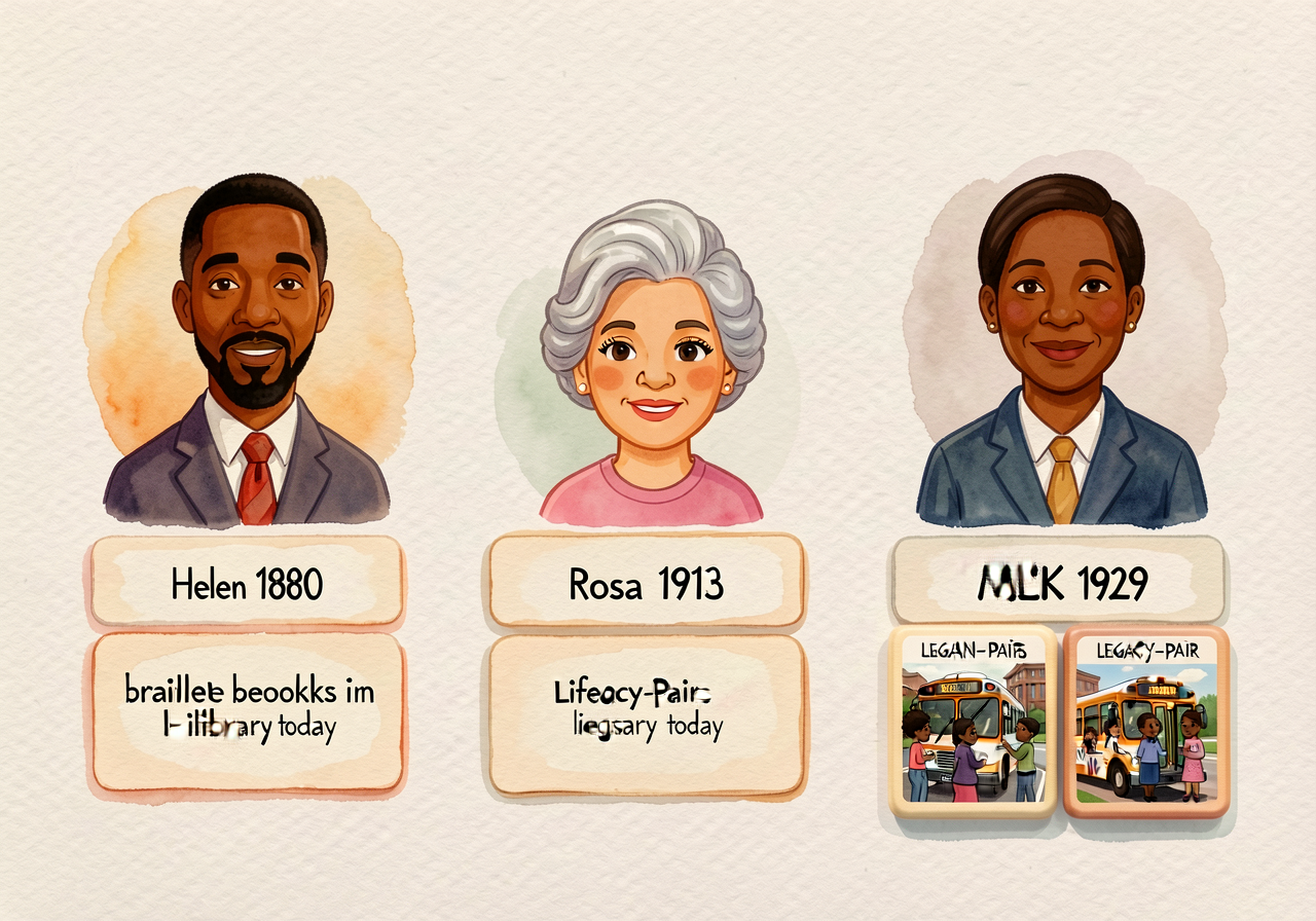 Wall display now shows MLK + Helen Keller + Rosa Parks. Each has portrait + contribution card + life-dates + legacy-pair