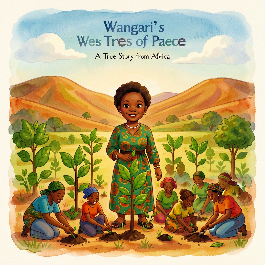 Reproduction of Jeanette Winter's cover for Wangari's Trees of Peace: A True Story from Africa (Harcourt 2008). Wangari 