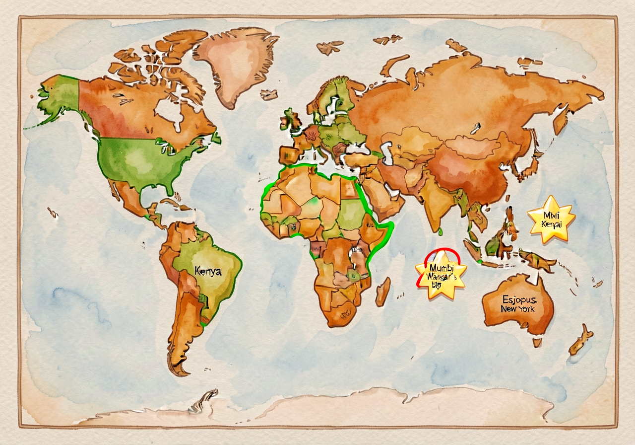 24x36-inch flat world map with all continents labeled. Kenya outlined in green and circled in red. Sticky stars for Mumb