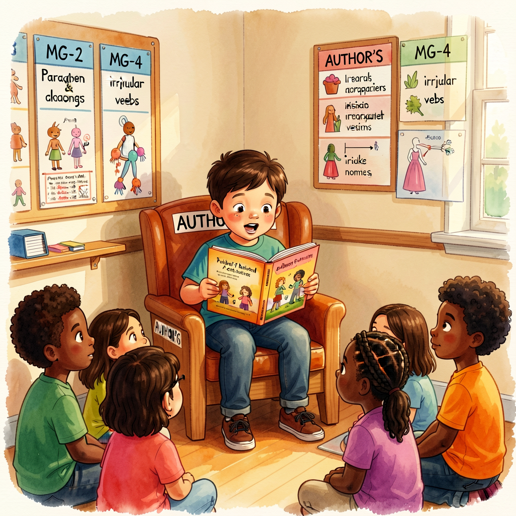 Photograph of a Grade-2 child seated in a labeled 'AUTHOR'S CHAIR' in a classroom corner, reading their published anthol