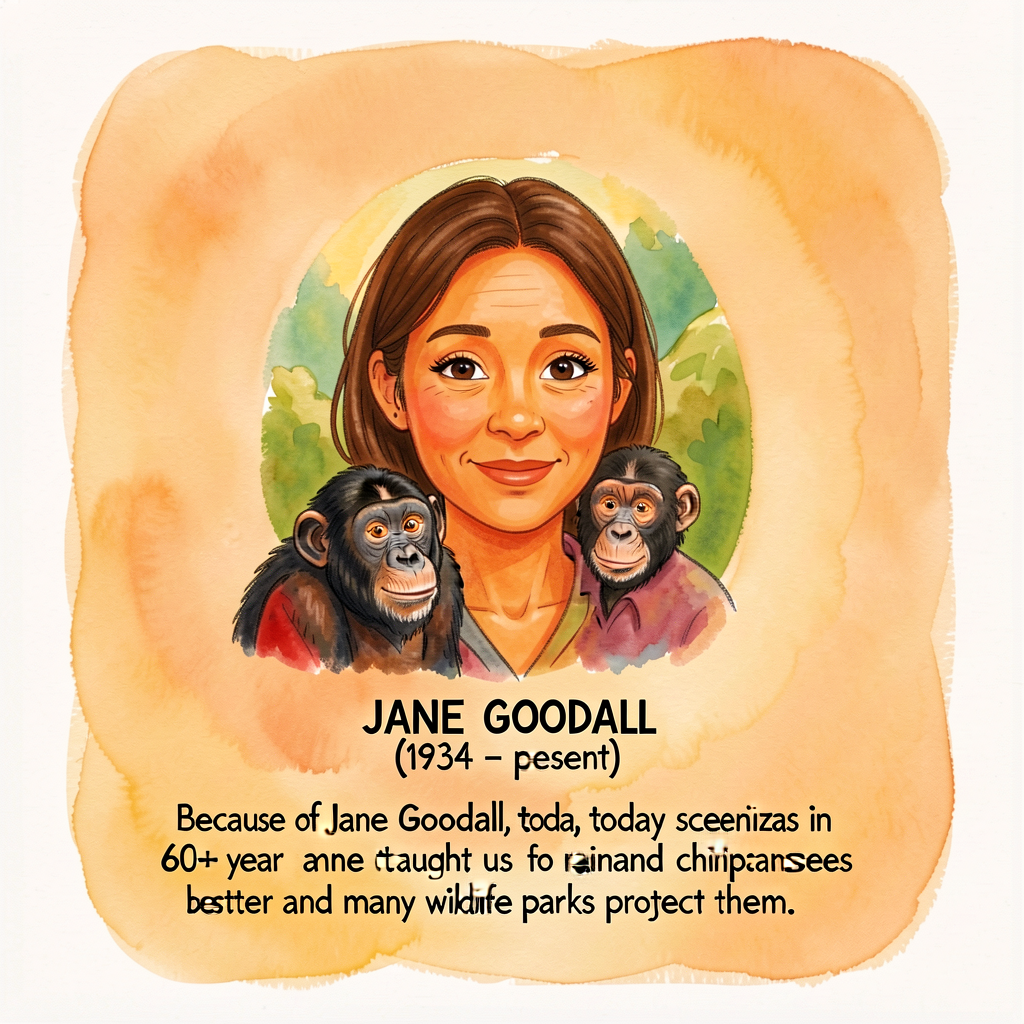 Sample completed board: Portrait = teacher's pencil sketch of Jane Goodall with chimpanzee; Name & Dates = JANE GOODALL 