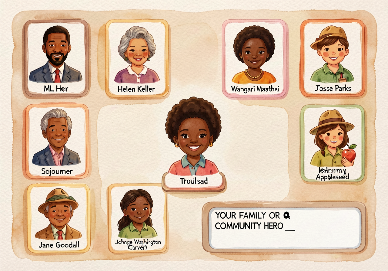 Visual array of 8 portrait+name cards arranged on classroom wall for children to peruse before selecting: MLK, Helen Kel