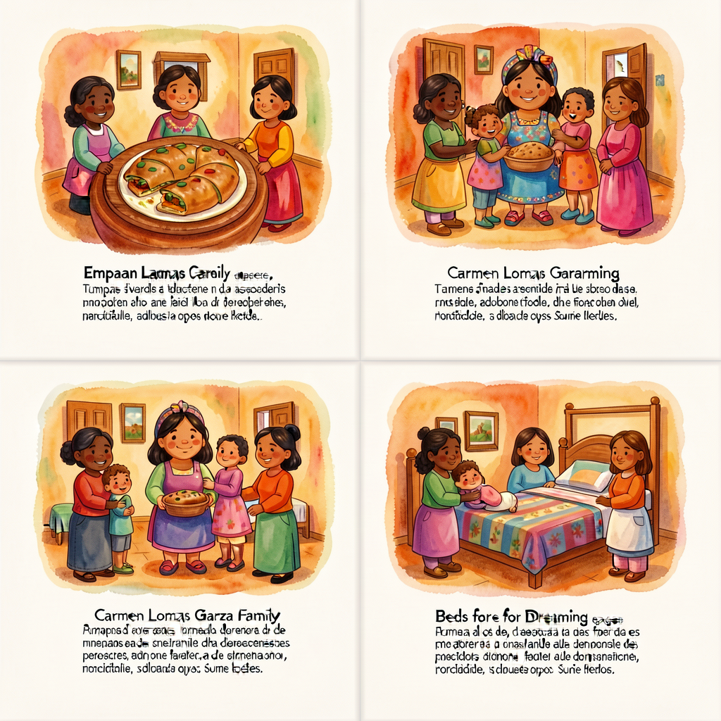 3 reproductions of Carmen Lomas Garza's Family Pictures pages: 'Empanadas,' 'Curandera,' 'Beds for Dreaming.' Each page 