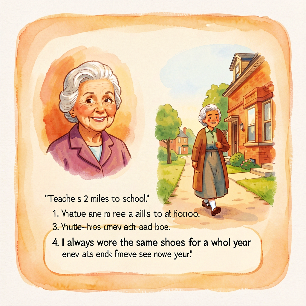Teacher-drafted sample page about teacher's own grandmother: portrait sketch of grandmother in 1955; illustration of gra