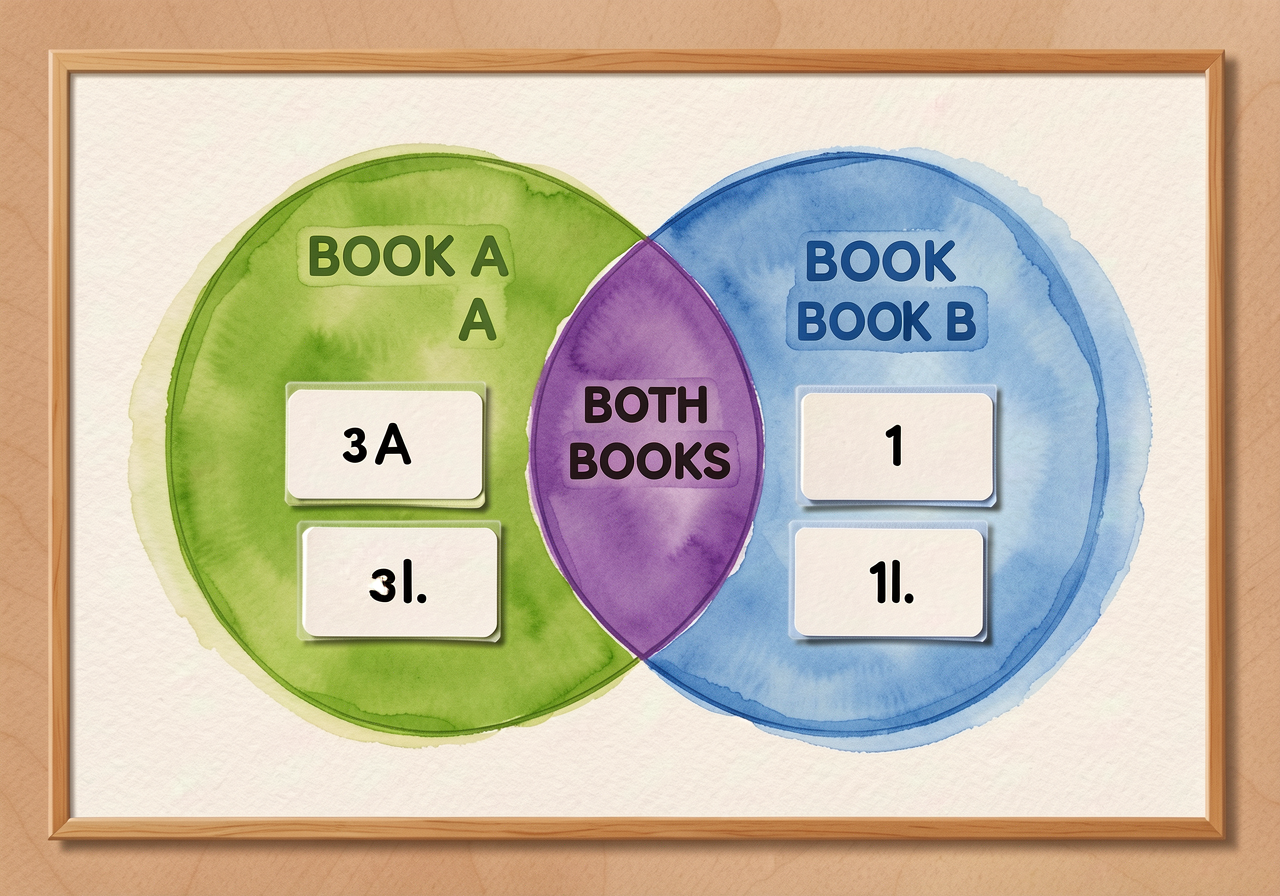 24x18-inch laminated 2-circle Venn diagram on mat. Left circle (green) labeled BOOK A. Right circle (blue) labeled BOOK 
