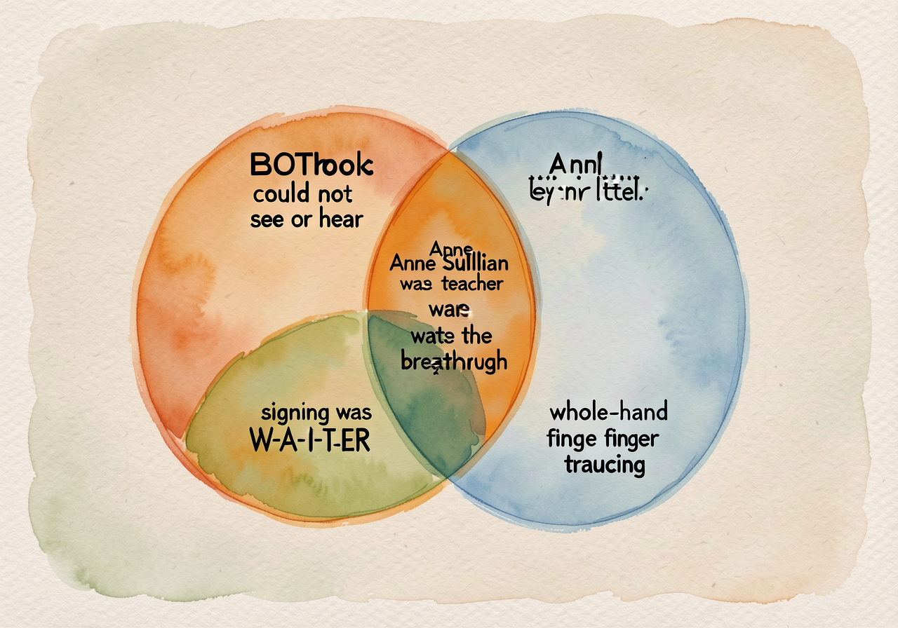 Sample Venn filled in during the lesson, photographed and printed at A3 for wall display. Shows: BOTH BOOKS - 'could not