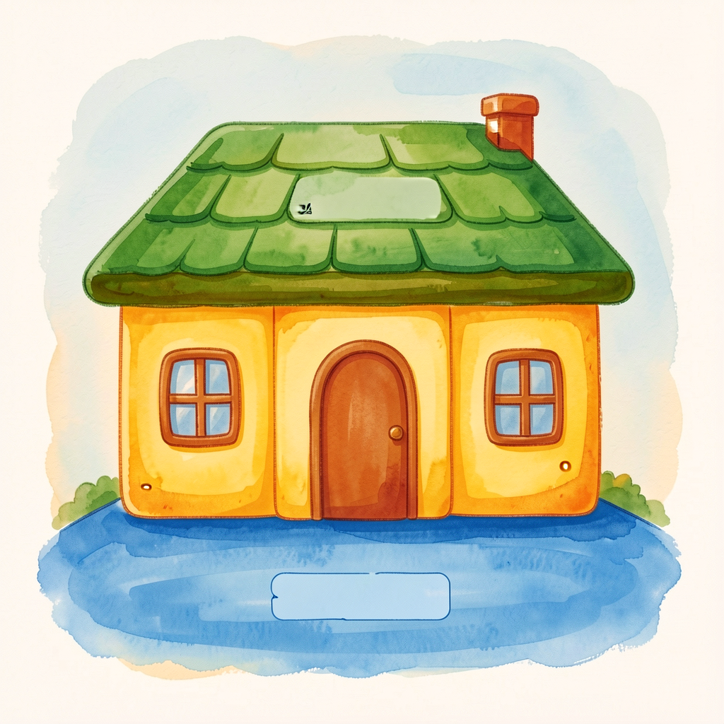 Reference image: paragraph-house diagram with 5 numbered sentence-strip slots — green roof, three yellow walls, blue flo