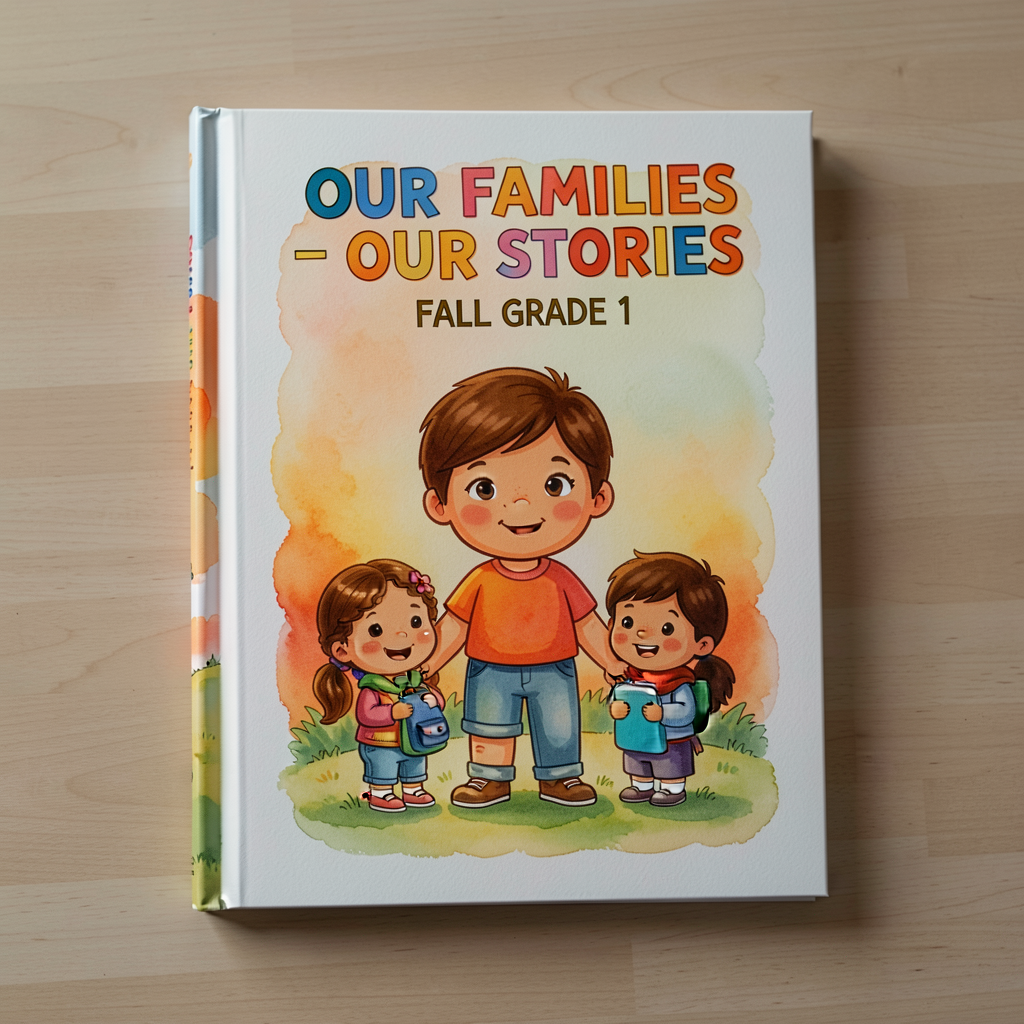 Bound 11x17 inch class anthology of all ~20 family-history book pages. Cover designed by class. Title 'OUR FAMILIES - OU