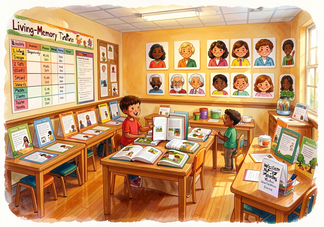 Wide-angle photo of fully-prepared festival classroom: Living-Memory Timeline on side wall; biography wall with 6+ indiv