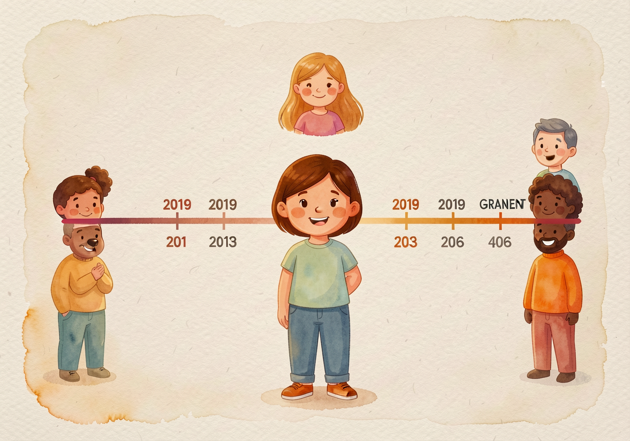 MG-2 wall timeline with finger-trace from 2019 backward to GRANDPARENT band.