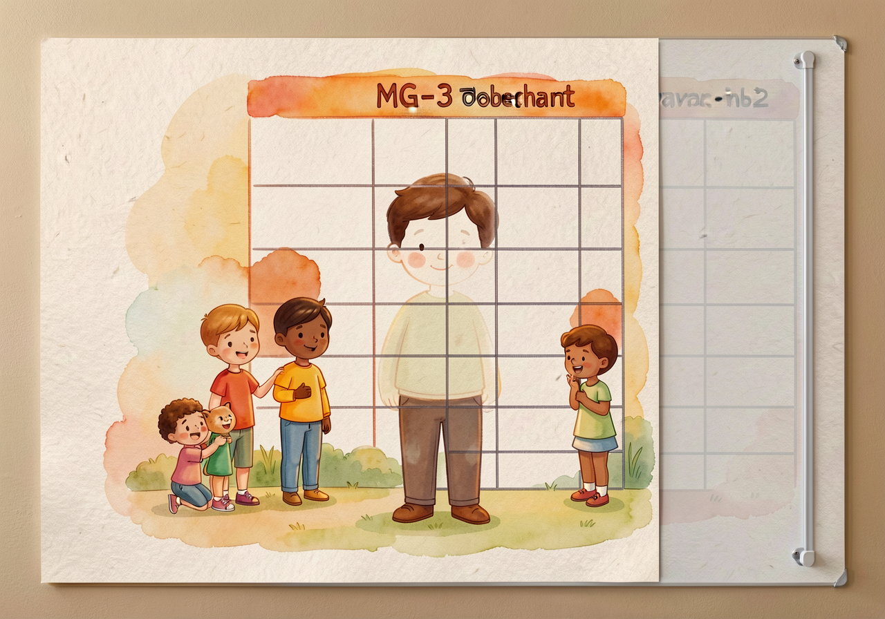 MG-3 T-Chart with rows ready for observations. Mounted on classroom wall at child-eye-height (24-36 inches) with laminat