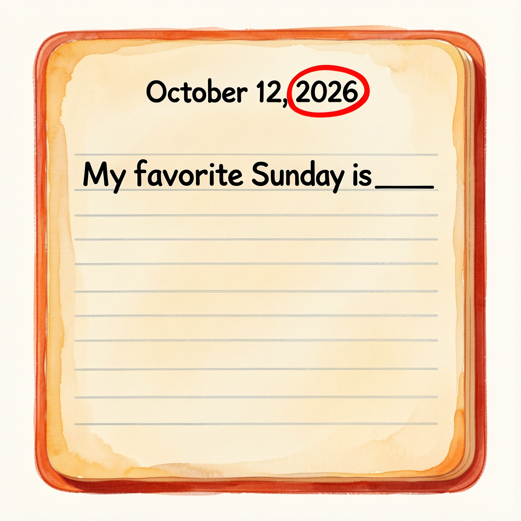 Reference image of a writer's-notebook page: date header 'October 12, 2026' with comma circled in red, then an indent ar
