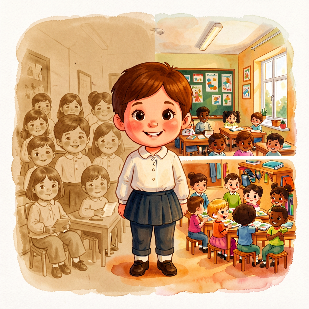 Sample 1925 sepia school photo paired with 2026 color classroom photo.