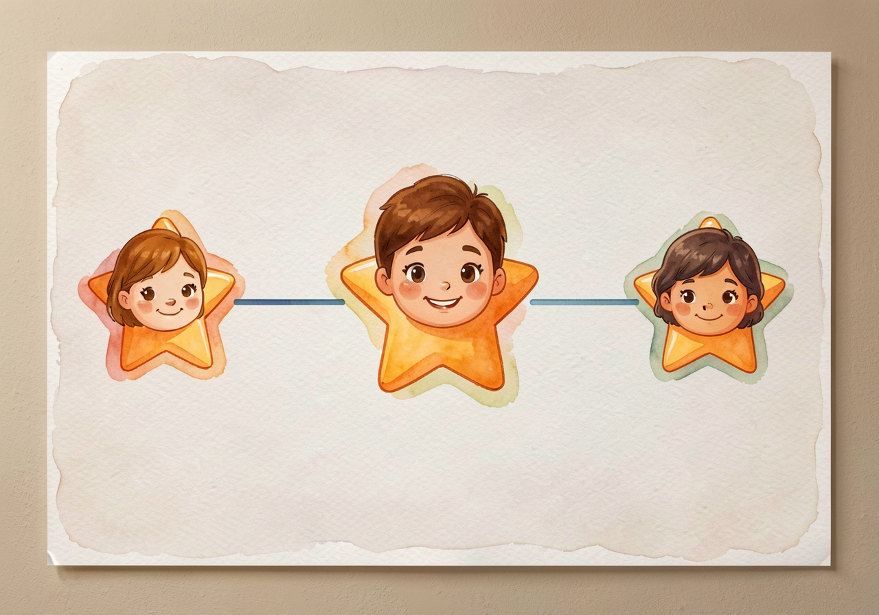 MG-2 timeline with 4 portrait stars ready for placement. Mounted on classroom wall at child-eye-height (24-36 inches) wi