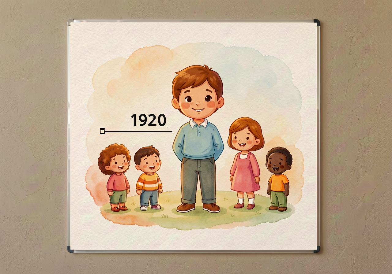 Timeline reference with 1920 LINE clearly marked. Mounted on classroom wall at child-eye-height (24-36 inches) with lami