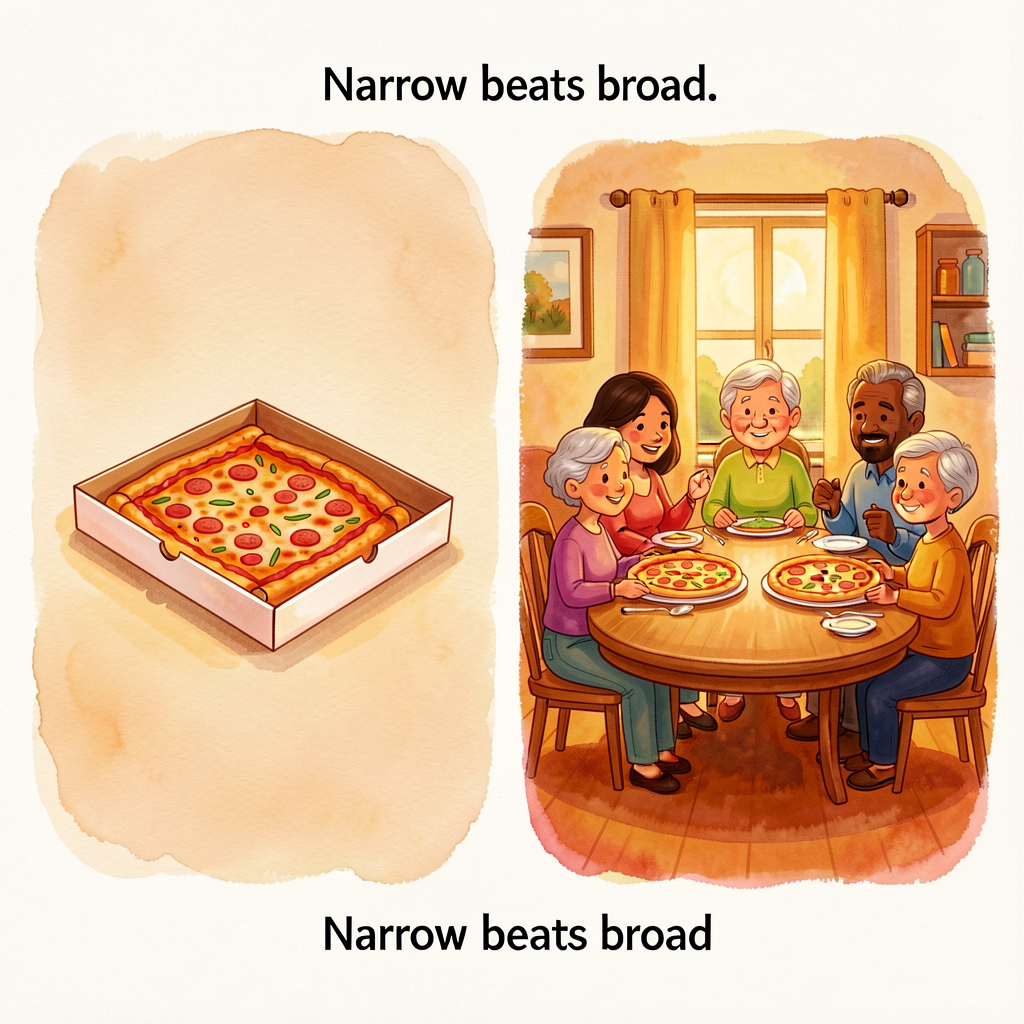 Side-by-side illustration: LEFT panel — generic pizza box (sentence A). RIGHT panel — a specific multigenerational famil