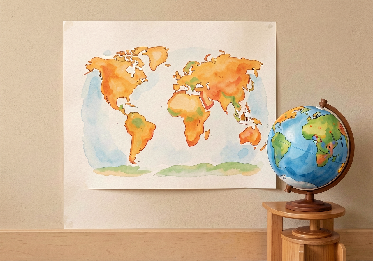 Mounted on classroom wall at child-eye-height; tactile globe mounted on adjacent stand at child-reach height. Used as th
