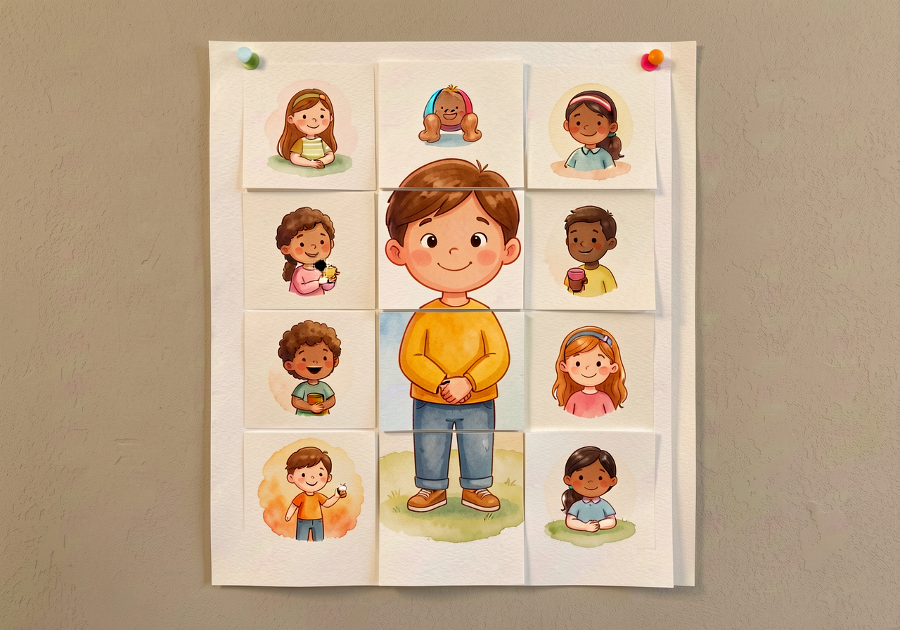 Mounted on classroom wall at child-eye-height; child-added Velcro tiles build the grid across lessons 10-12. Used for th