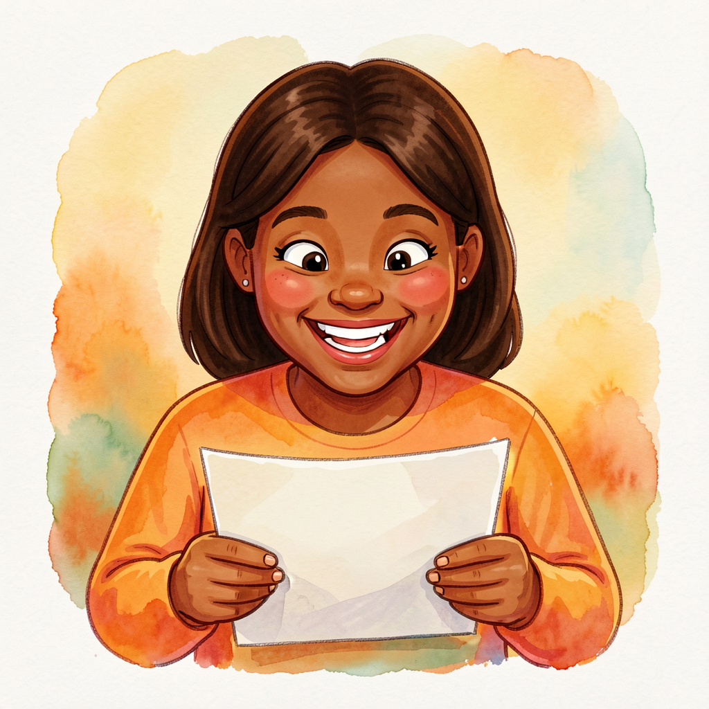 Photograph of an adult with a bright huge smile looking at a piece of paper. Print-resolution, used as Tier-2 BEAMED vis