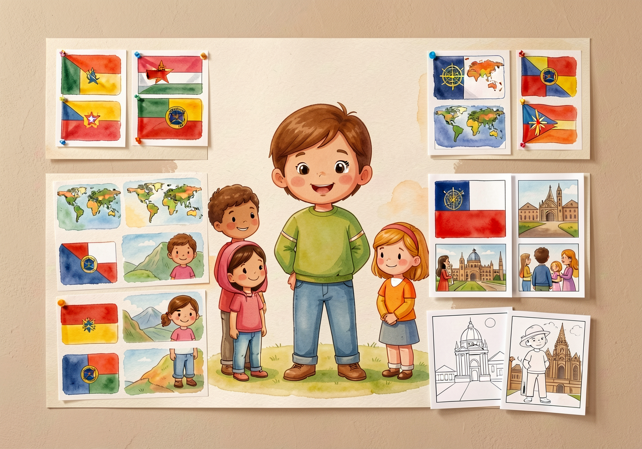 Mounted on classroom wall at child-eye-height; Velcro spaces for adding world-neighbor flag/anthem/landmark thumbnails a