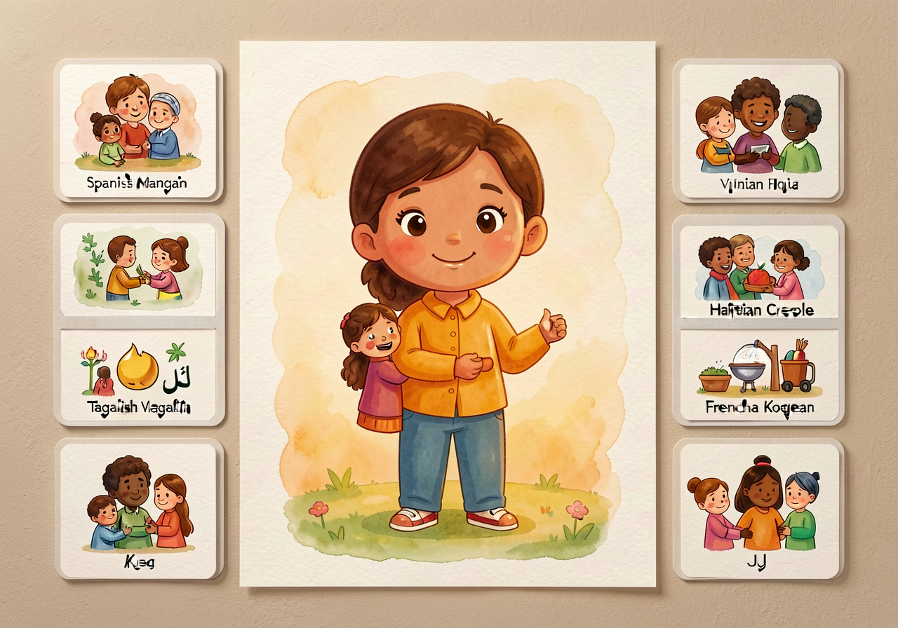 Mounted on classroom wall at child-eye-height; bilingual picture-card overlays available for Spanish, Mandarin, Arabic, 