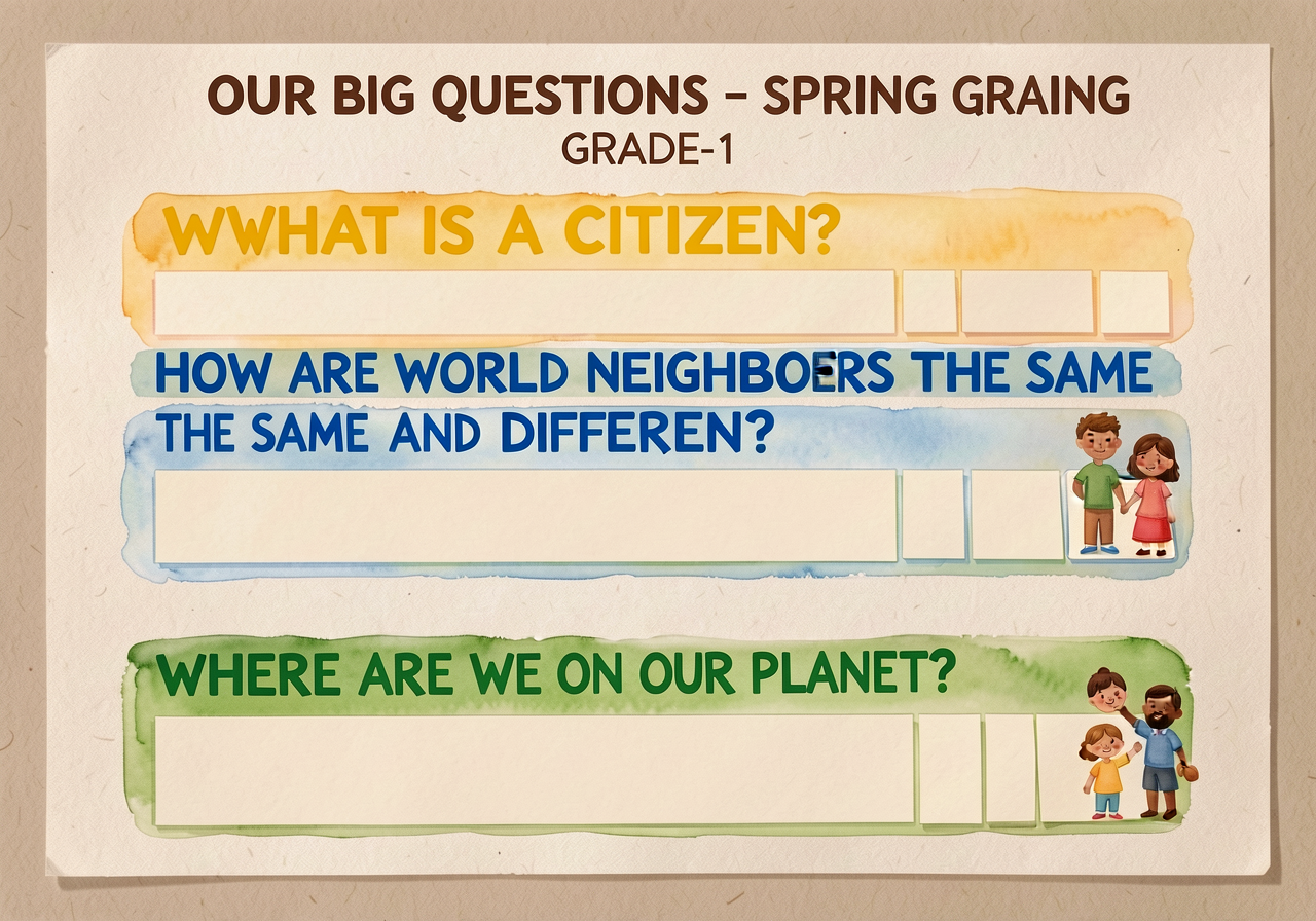 36x48 inch chart paper titled 'OUR BIG QUESTIONS - SPRING GRADE 1' with three header rows in 36pt: (1) WHAT IS A CITIZEN
