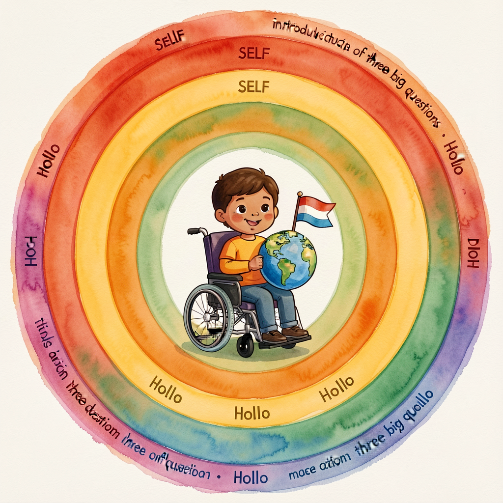 MG-1 enlarged to 24x36 inches. Six concentric watercolor bands from SELF outward to PLANET. Child in wheelchair at cente