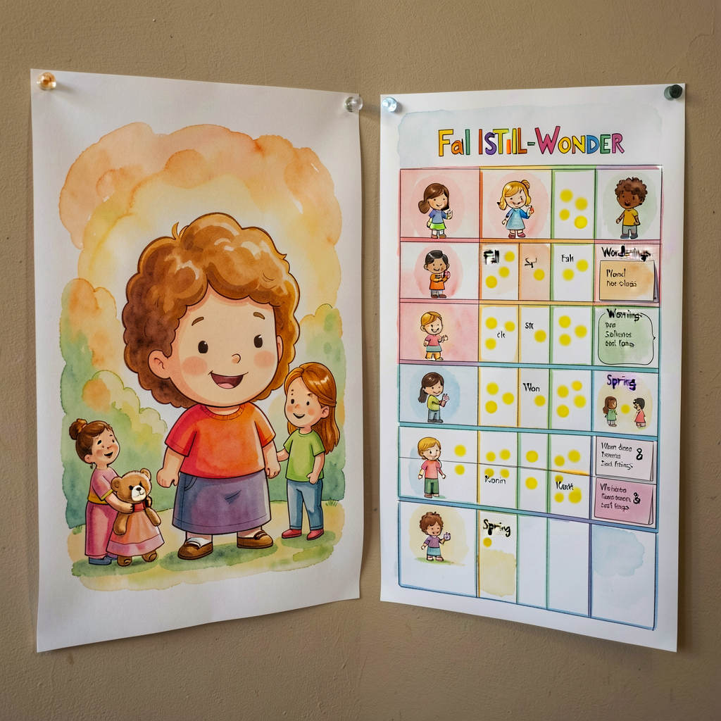 Documentary photograph of the actual Fall I-STILL-WONDER chart from the class's prior term (or class's prior-class). Yel
