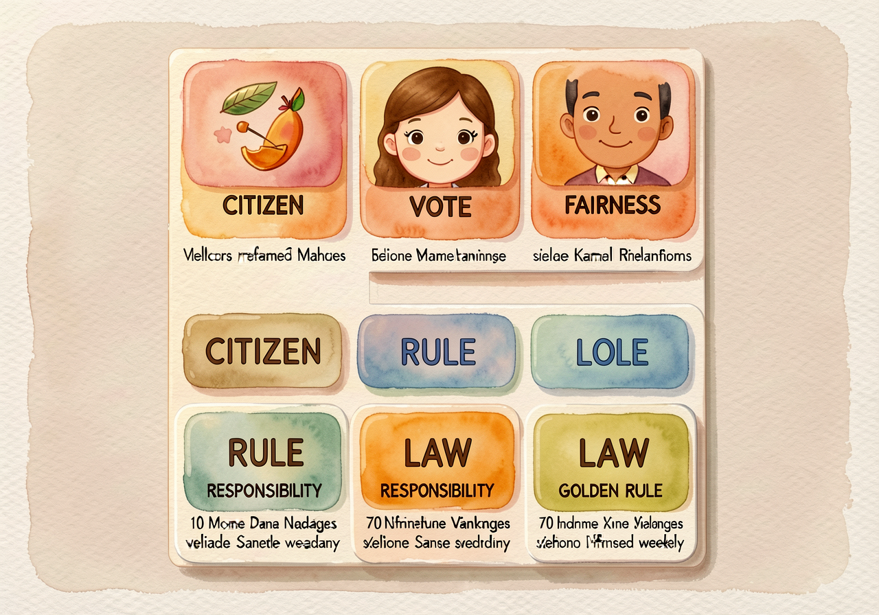 MG-2 48x36 inch laminated anchor revealed today. 7 vocabulary tiles in two-row band: CITIZEN, RIGHT, VOTE, FAIRNESS on t