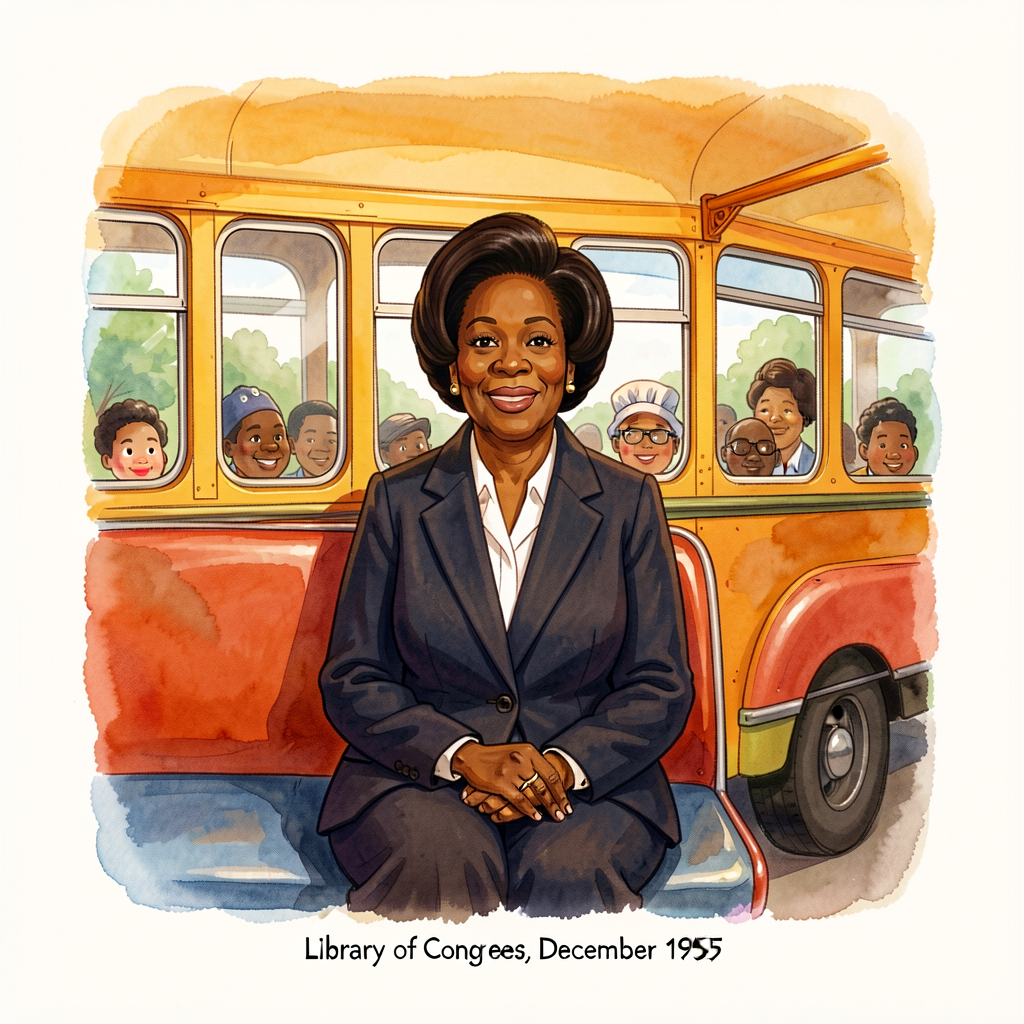 Public-domain Associated Press / Library of Congress photograph of Rosa Parks on the Montgomery bus, December 1955. Sour