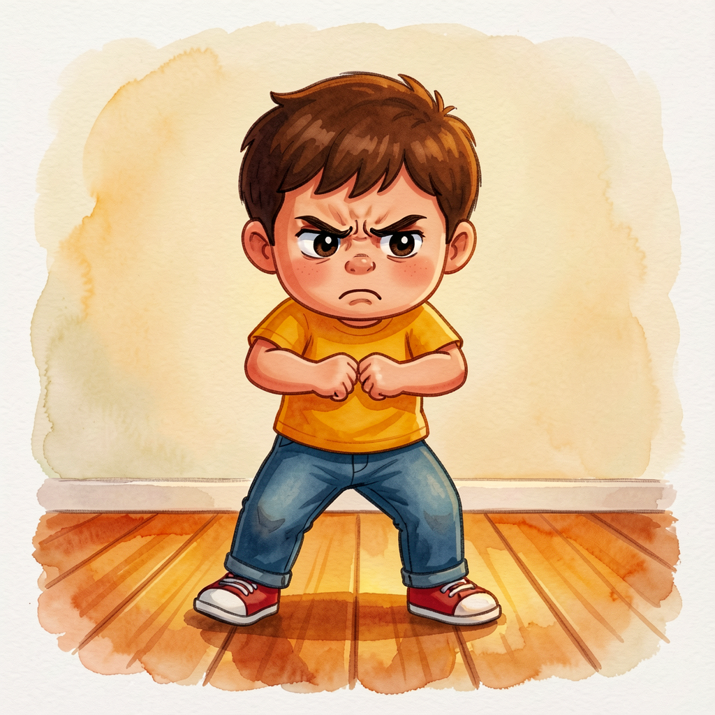 Photograph of a frustrated child mid-stomp on a wooden floor, arms tight, brow furrowed. Print-resolution, used as Tier-
