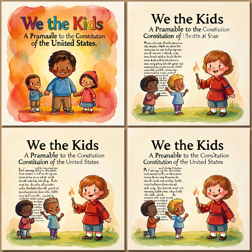 Book cover and 4 photographed spreads of Catrow's 2002 'We the Kids: A Preamble to the Constitution of the United States