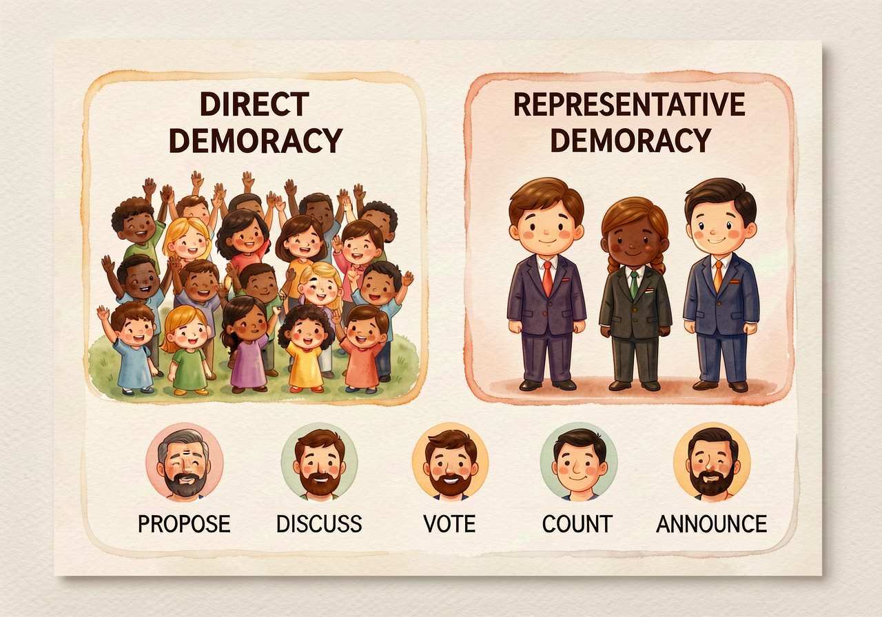 MG-3 36x48 inch laminated chart. LEFT panel 'DIRECT DEMOCRACY' with 20-child raising-hand illustration. RIGHT panel 'REP