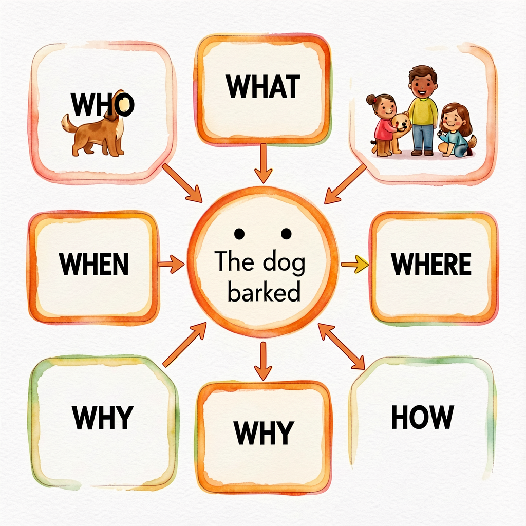 WH-card prompt visual: six WH-question cards (WHO, WHAT, WHEN, WHERE, WHY, HOW) with the bare sentence 'The dog barked' 