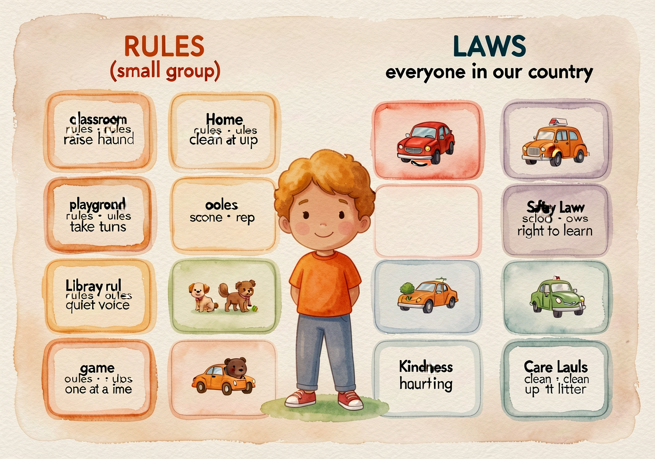 MG-4 36x48 inch laminated T-chart. LEFT 'RULES (small group)' with 5 tiles: classroom rules (raise hand), home rules (cl