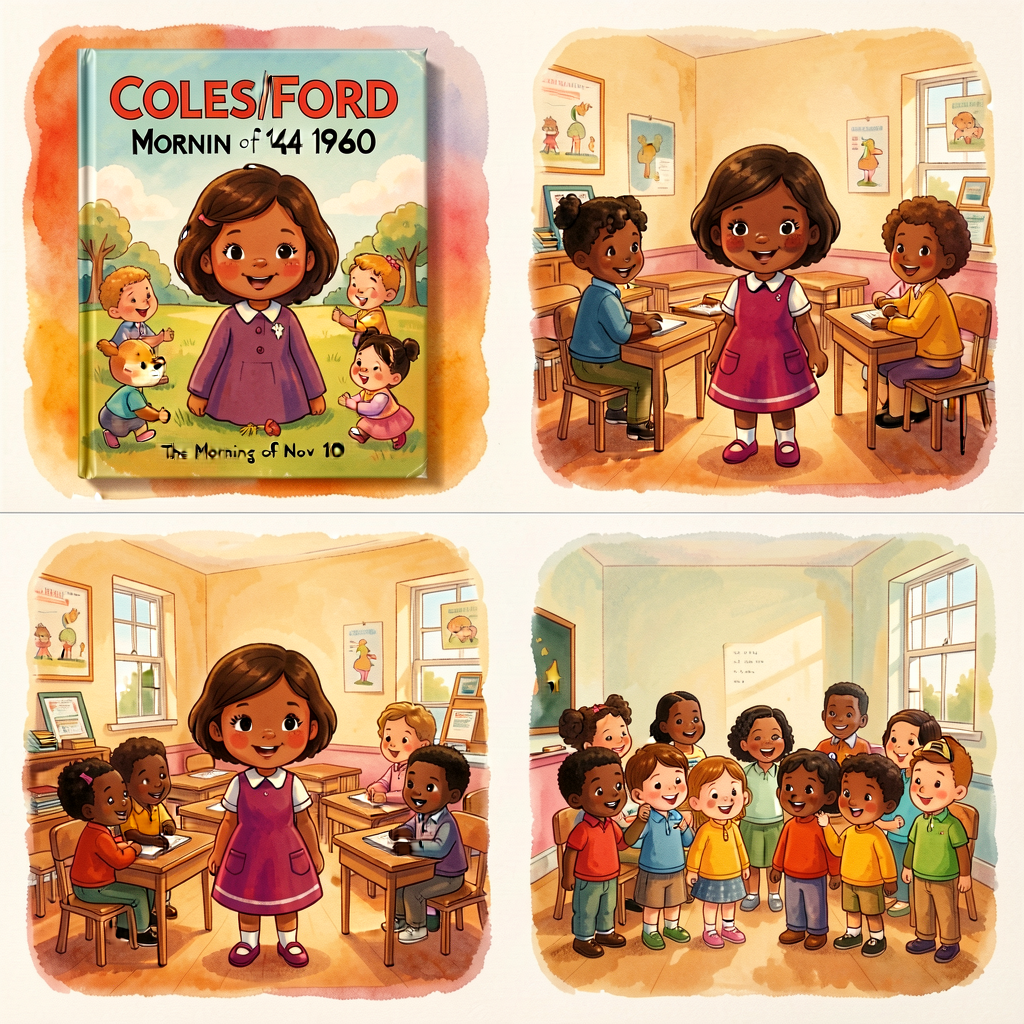4 photographed spreads from Coles/Ford 1995 book: cover, the morning of Nov 14 1960, Ruby alone in her classroom, the en