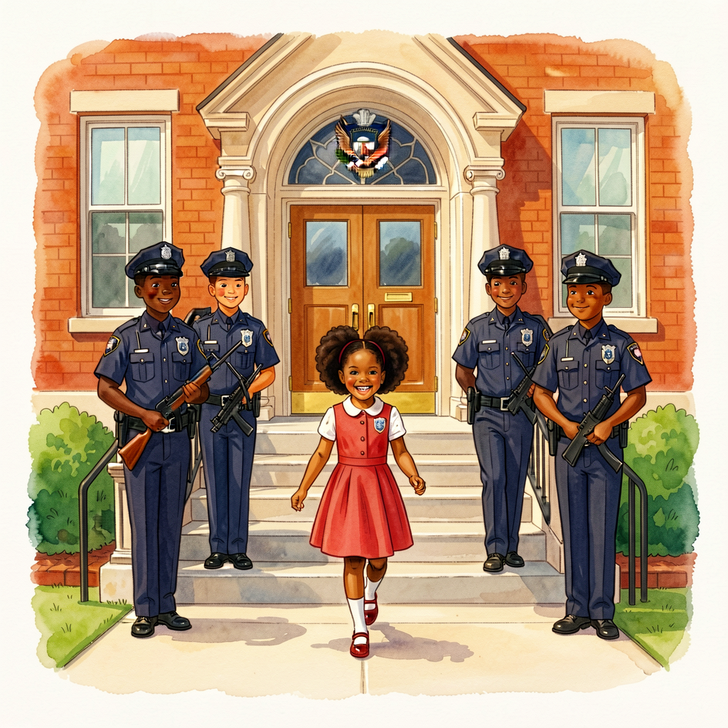Public-domain US Department of Justice photograph of Ruby Bridges, age 6, walking up the steps of William Frantz Element