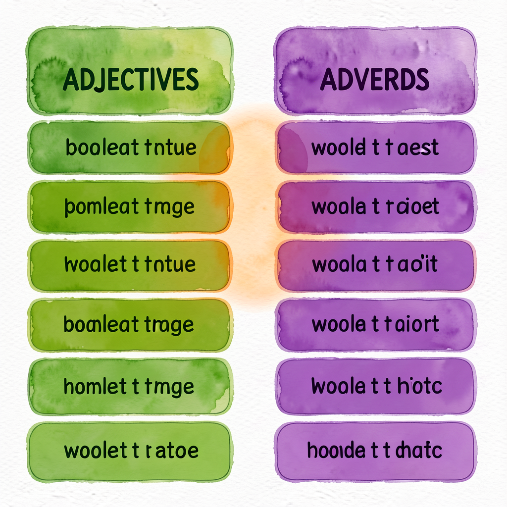 Two-column sort mat: LEFT green column ADJECTIVES, RIGHT purple column ADVERBS. 12 word tiles ready to drag. Print-ready